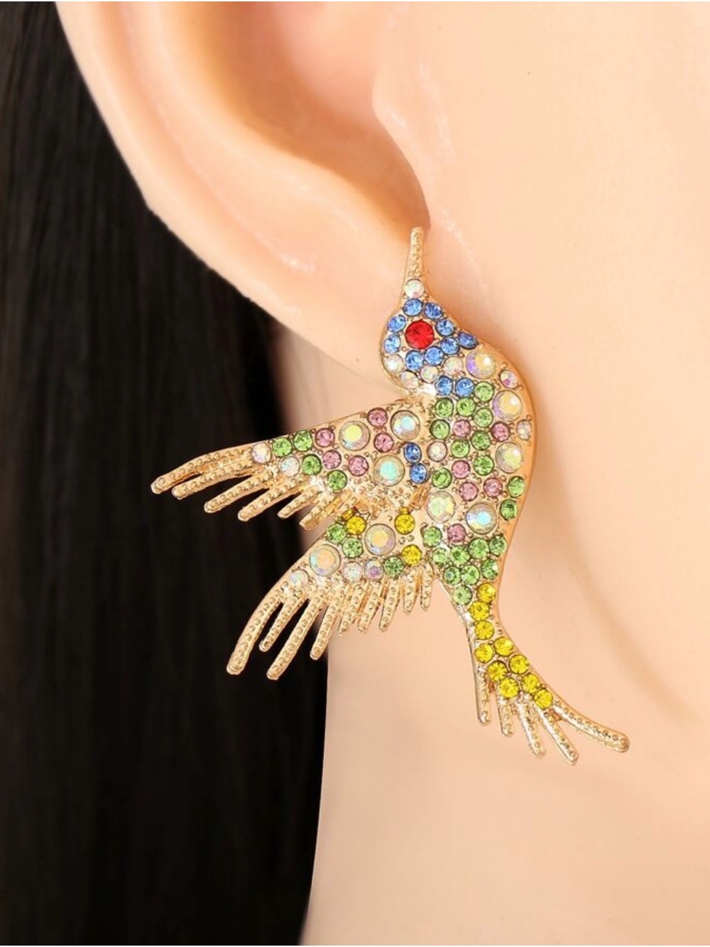 Gold-Tone Multicolor Crystal Hummingbird Earring - Unbranded